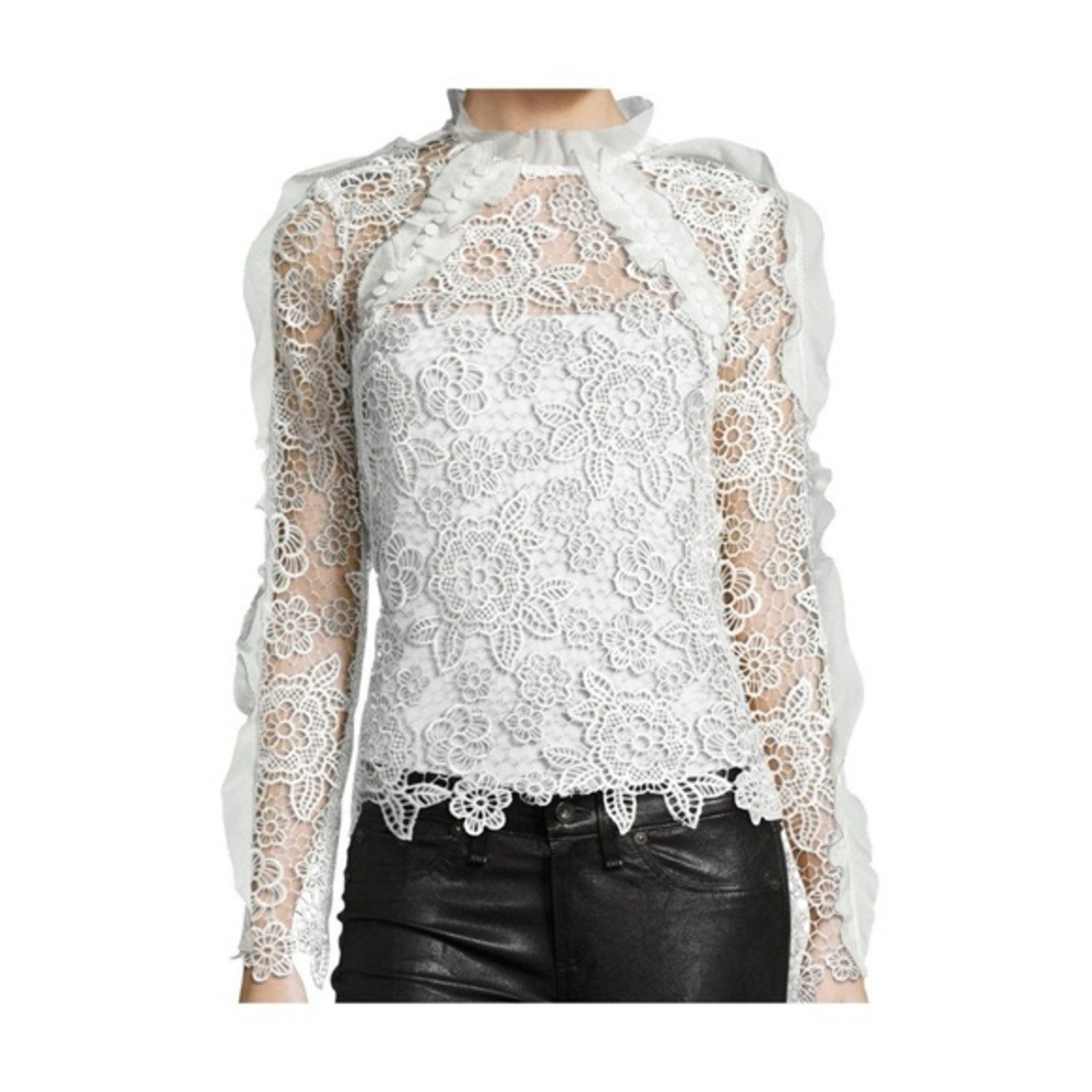 Self Portrait white cutout ruffle guipure lace top